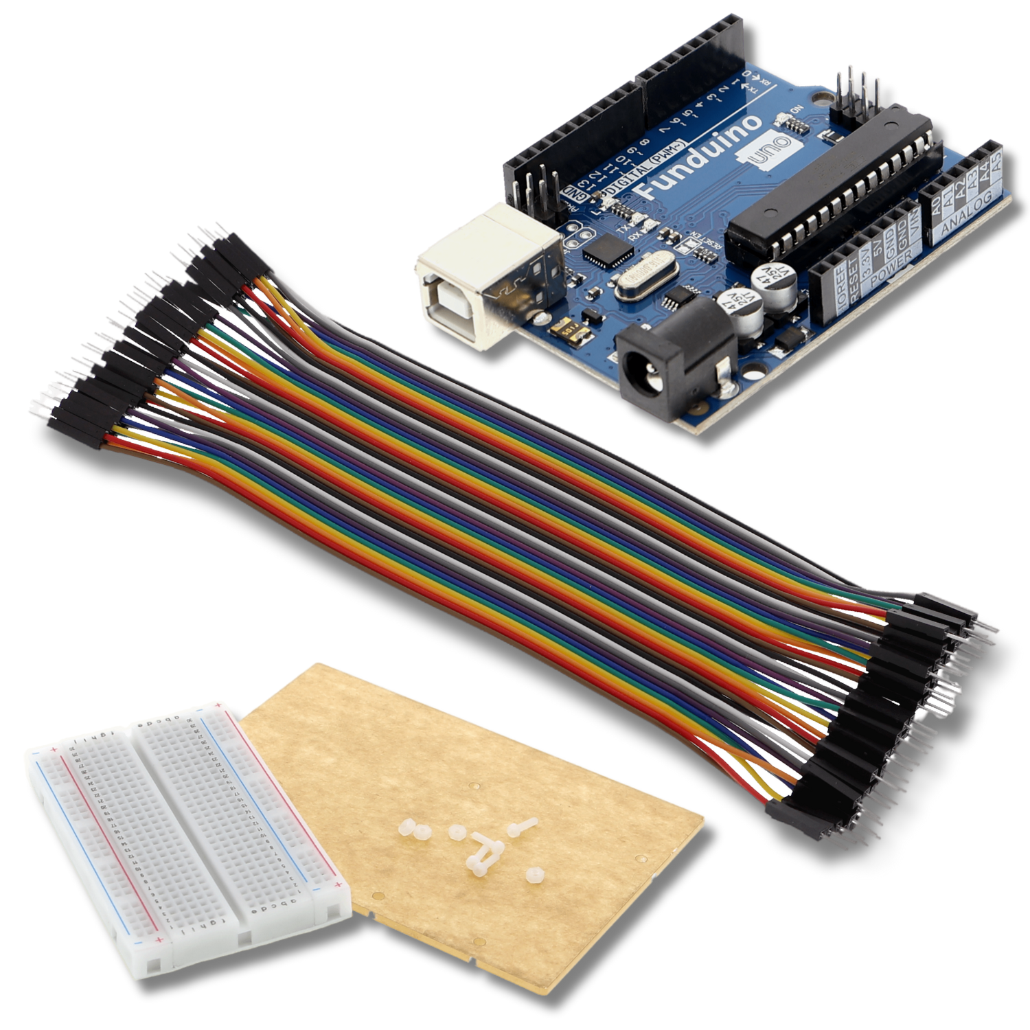 Funduino UNO R3 Montageplatte Mit Breadboard Und 40 Stk M M Kabel