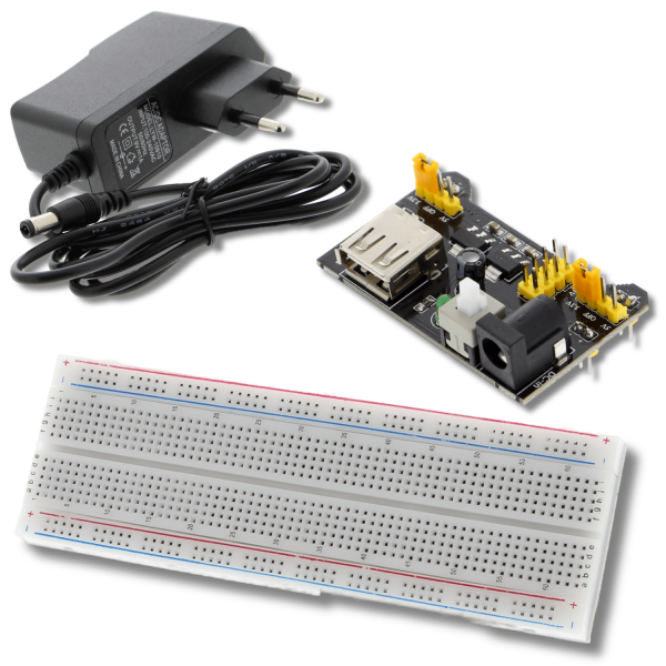 Breadboard with 830 slots, power supply (9V 1A) with DC connector, MB102 power supply module