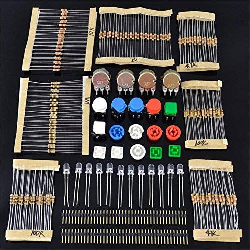 Component set 246 pieces - resistors, LEDs, push-buttons, pin headers, rotary potentiometer