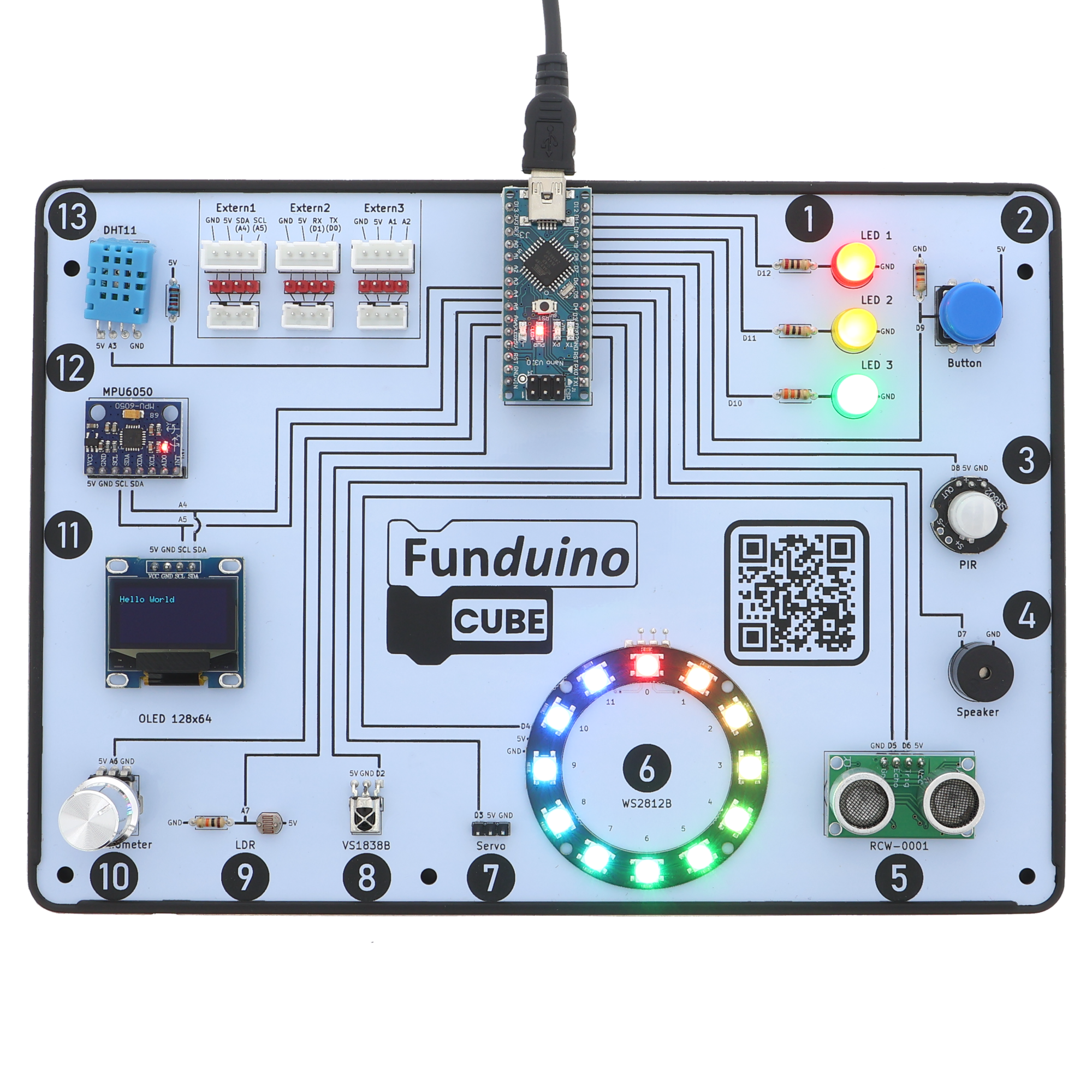 Funduino Cube - alle 13 integrierten Module auf einen Blick