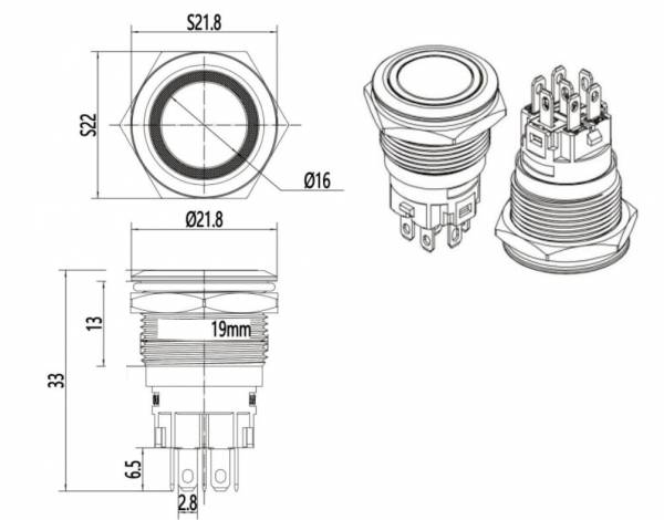Drucktaster, Chrom - 3V/5V, LED beleuchtet