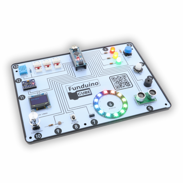Funduino Cube - carte de développement compatible Arduino, avec cahier d'exercices numérique