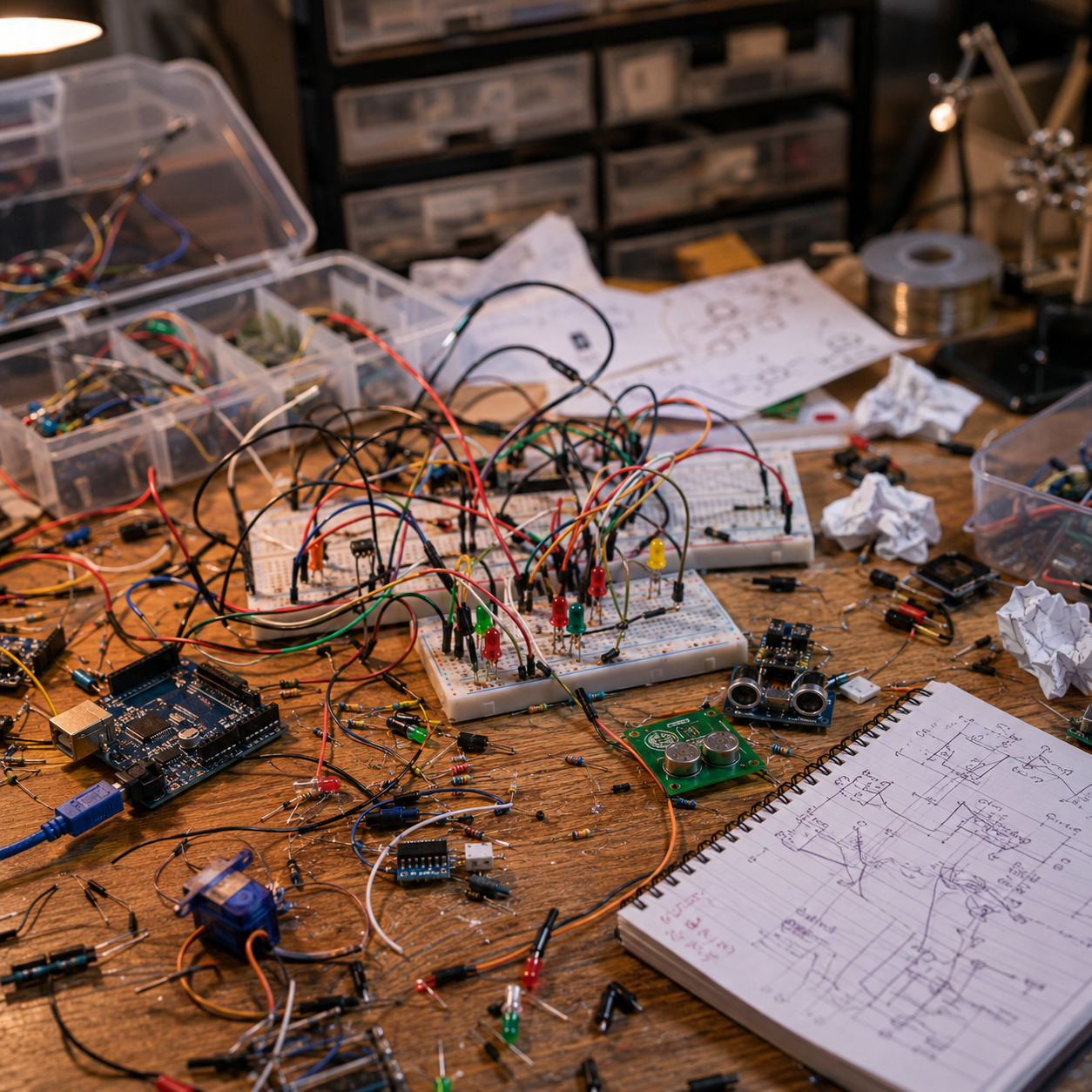Klassisches Starterkit - Kabelchaos, Breadboard, Wackelkontakte
