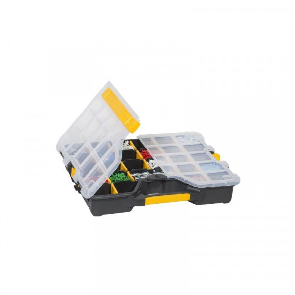 Assortment box with connecting clips and flexible dividers / sorting box