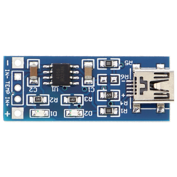 Lithium battery charge controller, 1A, 4V-8V with mini-USB input