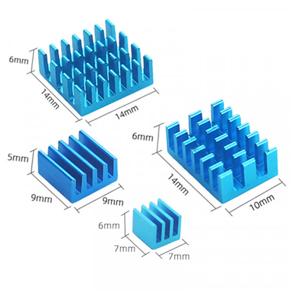 Aluminium Kühlkörper für Raspberry PI 4B - 4-teiliges Set, selbstklebend, Farbe: blau