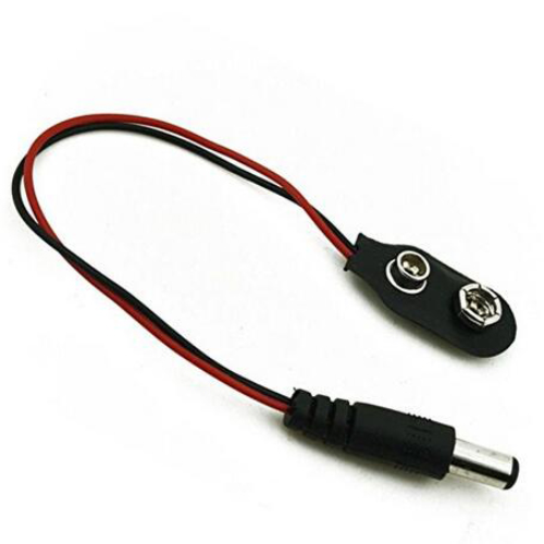 9V battery terminal with DC plug, I-shape (lateral) - 15cm cable length