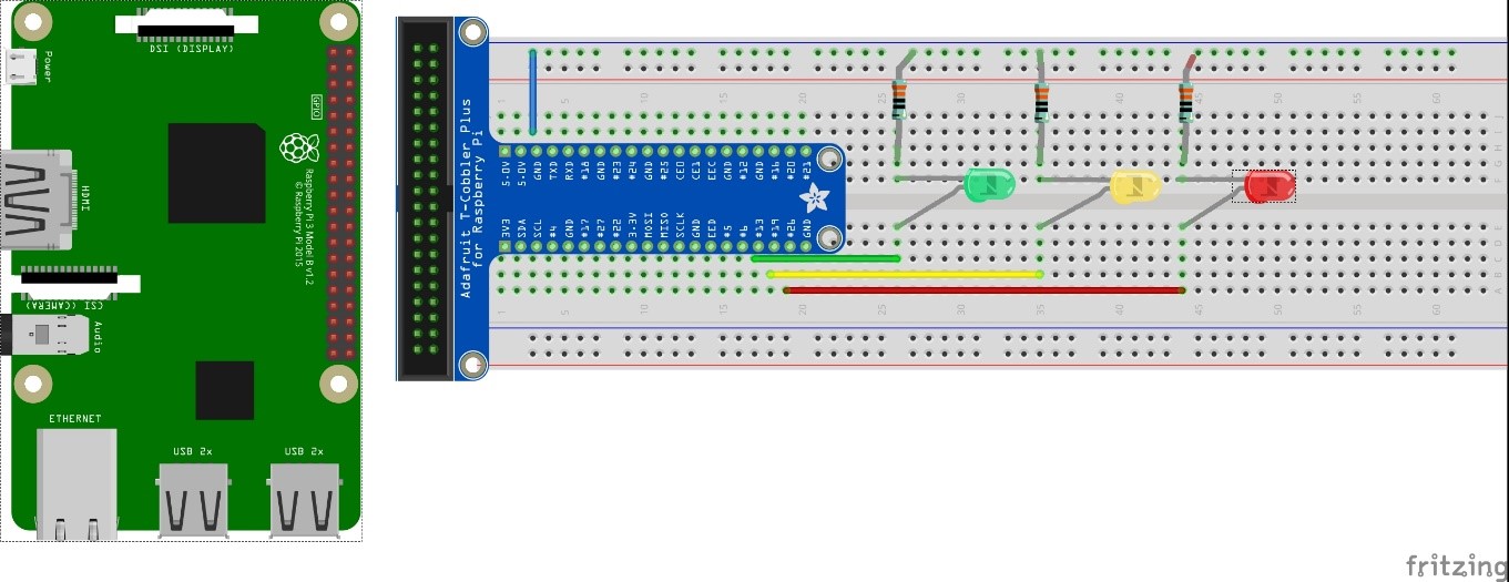 schema del circuito del semaforo su raspberry pi