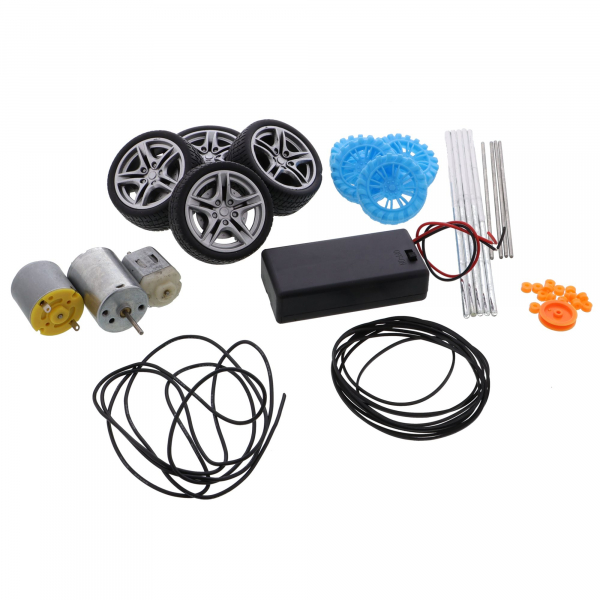 Kit mit Kunststoffzahnrädern, Riemenscheiben, Riemen, Elektromotoren, Rädern