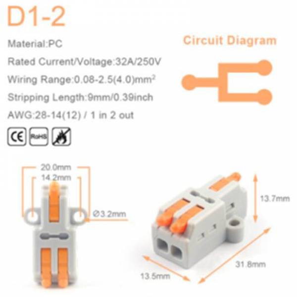 Mini terminal de conexión 5 uds. 32A/250V - D1 / D2 / D3